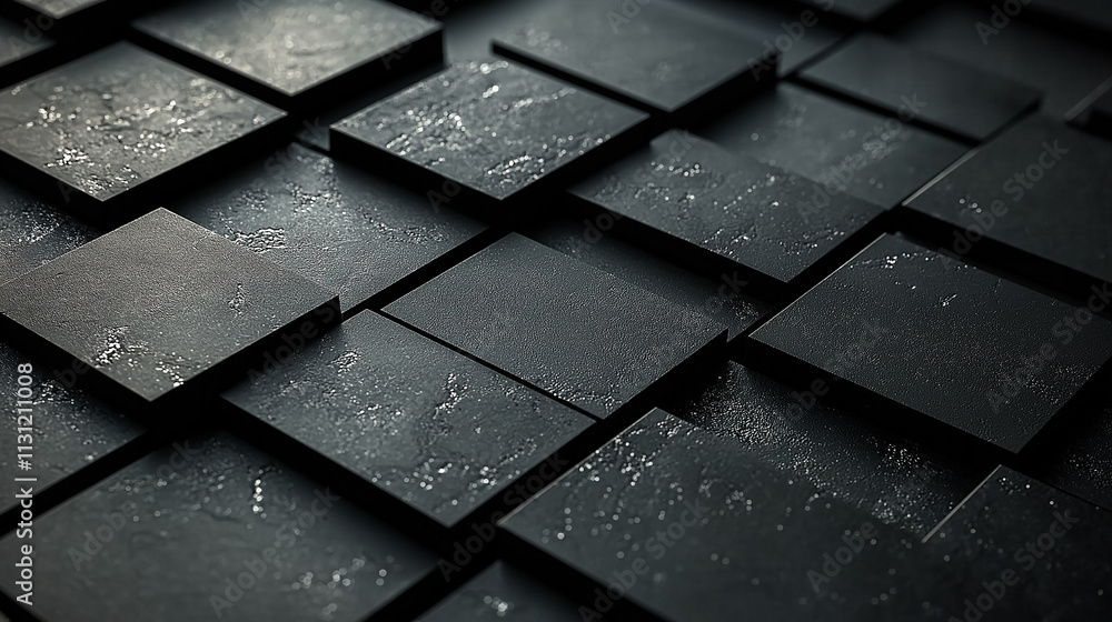 Wall mural black background with geometric squares and rectangular blocks, forming an abstract pattern, represe