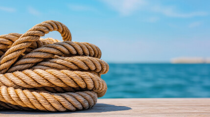 Fototapeta premium bundle of weathered ropes on dock with serene ocean background