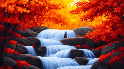 Obraz premium A serene autumn landscape featuring a cascading waterfall surrounded by vibrant foliage.