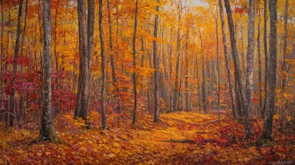 Obraz premium A vibrant autumn forest scene with colorful leaves and a winding path.