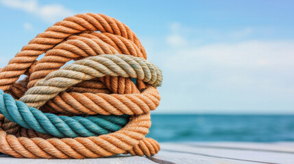 Fototapeta premium Weathered ropes on dock with serene ocean backdrop and clear blue sky