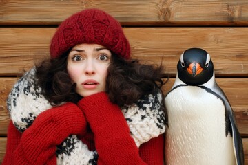 Woman in winter attire surprised by a penguin at an outdoor location during a chilly day