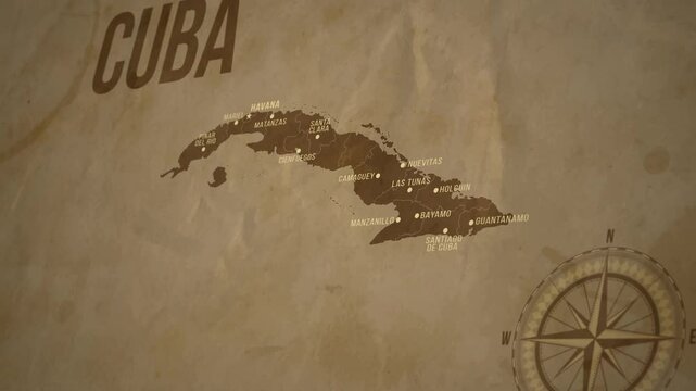 Vintage Map of CUBA with states Borders and Major Cities Positions