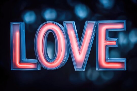 Neon word art displaying the word 'LOVE' glowing vibrantly in blue and red hues, set against a softly blurred, ambient background that radiates warmth and affection.