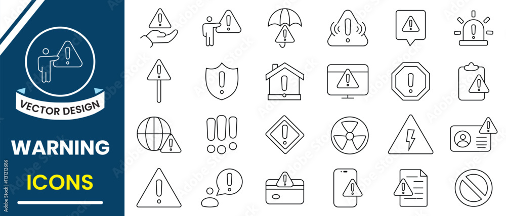 Poster warning related line icons. warning icon set. warnings web icons vector set. alert, caution, danger,