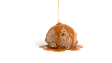 A single scoop of chocolate ice cream with a drizzle of caramel sauce, isolated on a white background, full depth of field