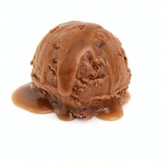 A single scoop of chocolate ice cream with a drizzle of caramel sauce, isolated on a white background, full depth of field