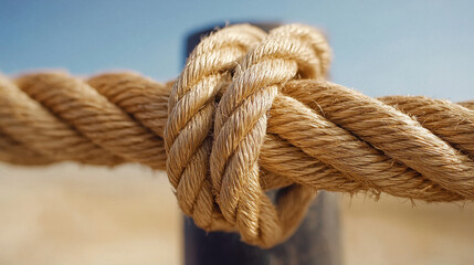 Fototapeta premium Frayed rope tied around post with weathered texture under clear sky