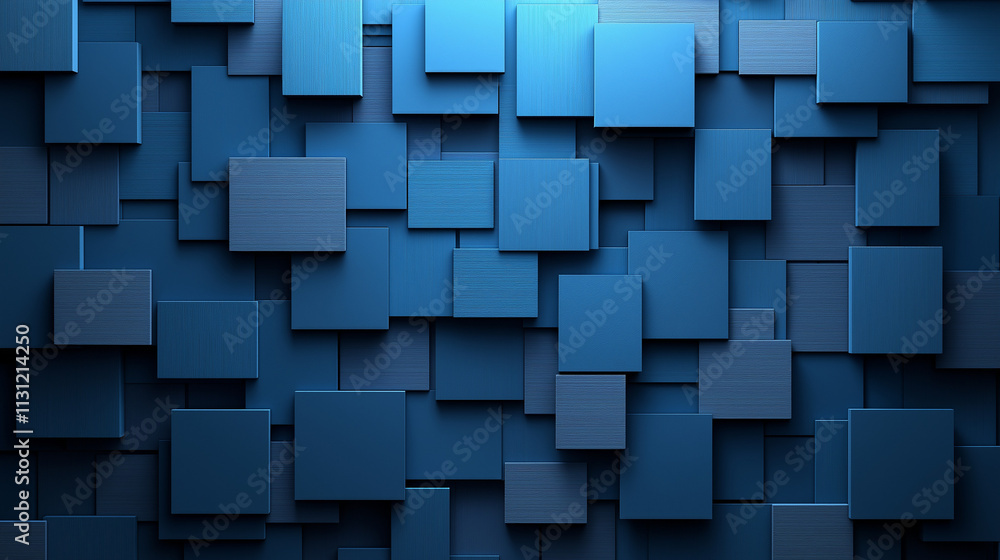 Wall mural blue background with geometric squares and rectangular blocks, forming an abstract pattern, represen
