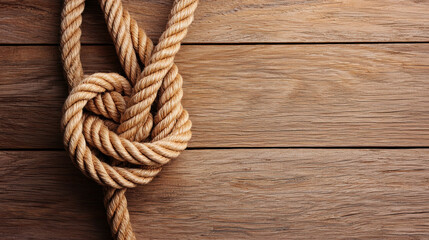 Fototapeta premium Rope tied in knot on rustic wooden planks, creating vintage aesthetic