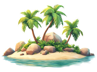 Obraz premium Tropical Island with Palm Trees and Rocks on Transparent Background