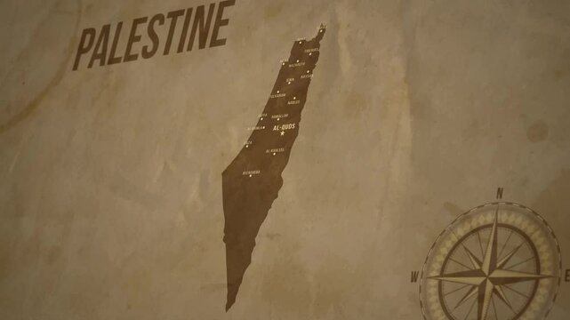Vintage Map of PALESTINE with states Borders and Major Cities Positions