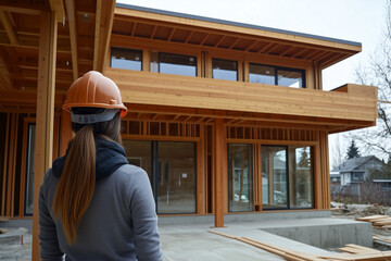 Fototapeta premium A modern wood frame house with an attractive female contractor in an orange construction helmet standing inside.