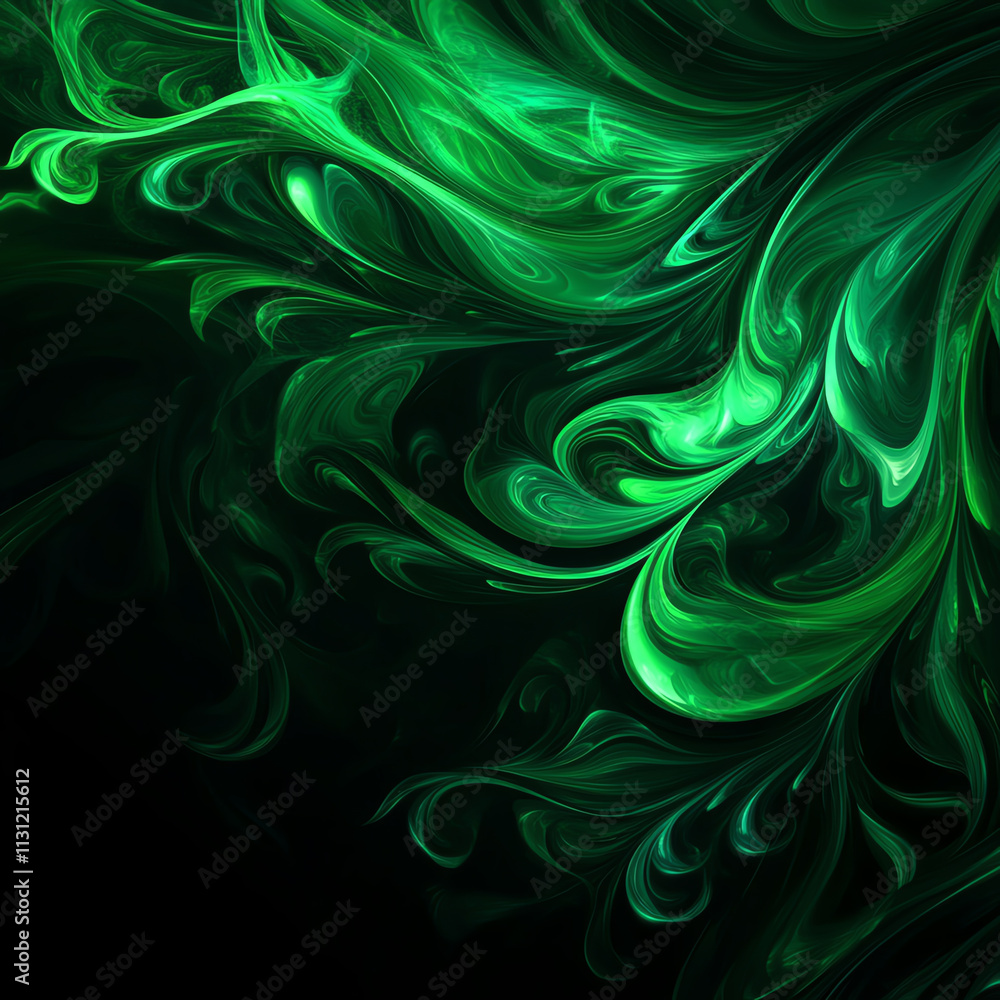 Poster vibrant green abstract swirl design with dynamic fluid movement and depth.