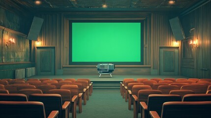 Fototapeta premium A high-tech cinema with futuristic seating, dynamic lighting, and a large green screen projection, no people visible