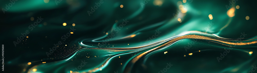 Poster abstract green and gold wave pattern with shimmering lights for creative projects.