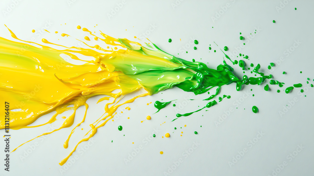 Poster vibrant splashes of yellow and green paint creating a dynamic abstract background.