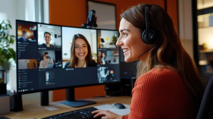 Smiling woman wearing a headset during an online video meeting, in workspace with multiple colleagues visible on her screen.
