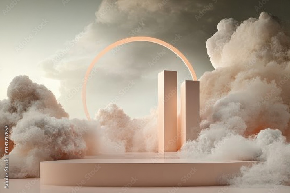 Poster abstract representation of two towers amidst soft clouds and a glowing circular element at sunset
