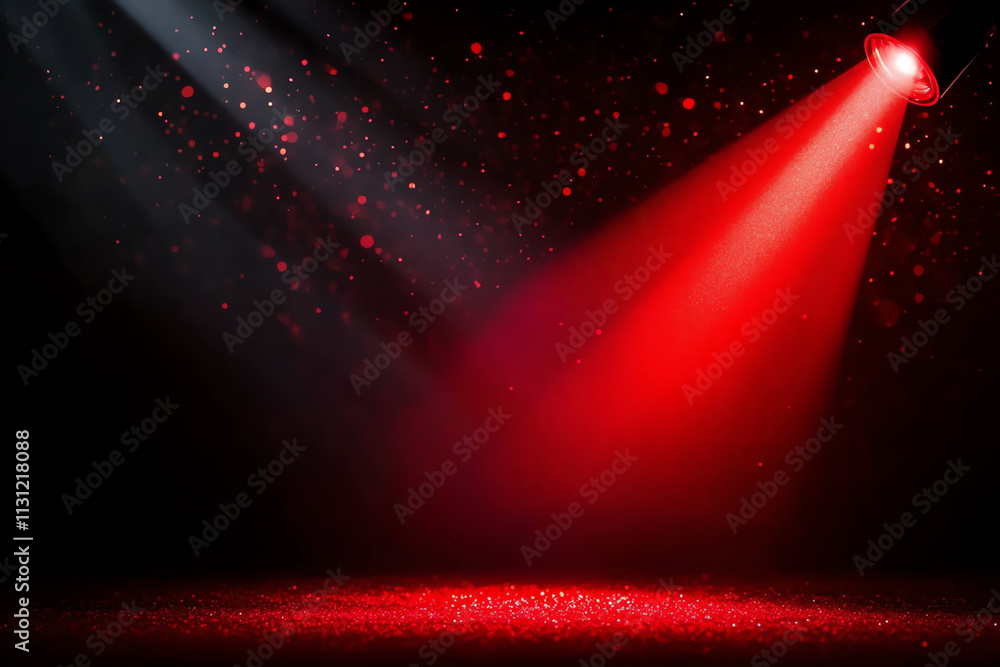 Poster a dramatic lighting effect with red beam and sparkling particles on a dark background.