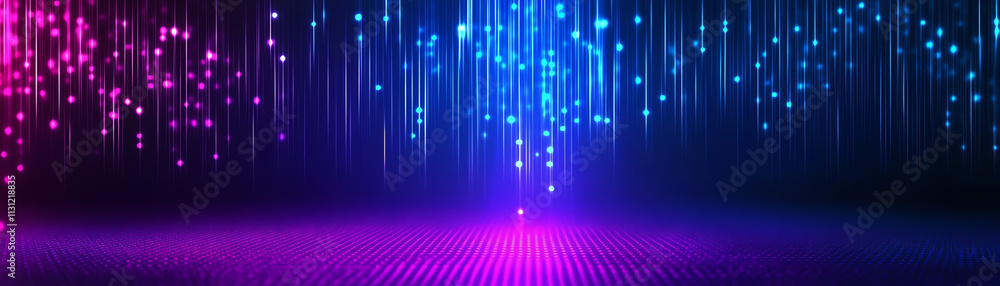 Poster vibrant light beams with colorful glowing particles creating a stunning visual effect.