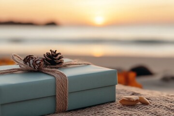 Fototapeta premium Gift box with natural decorations sits on sandy beach at sunset by the ocean
