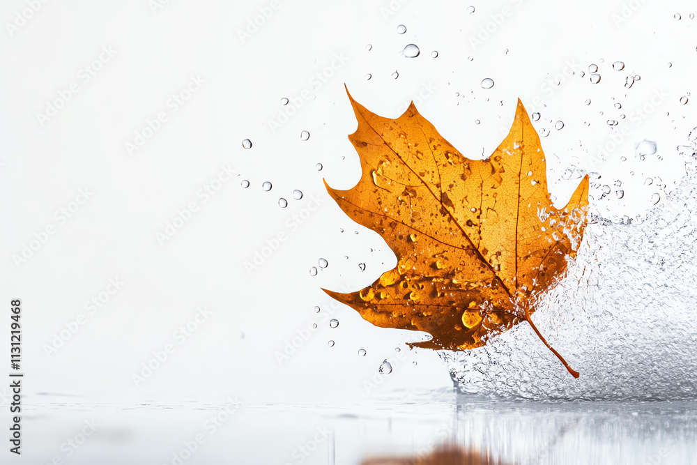 Aufkleber an orange maple leaf splashing into water, creating dynamic ripples and droplets.
