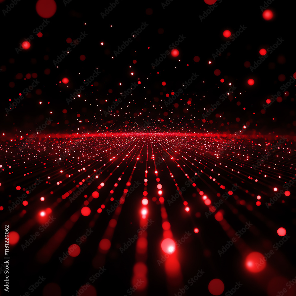 Poster a stunning abstract visualization of red particles in a 3d space with a dynamic feel.