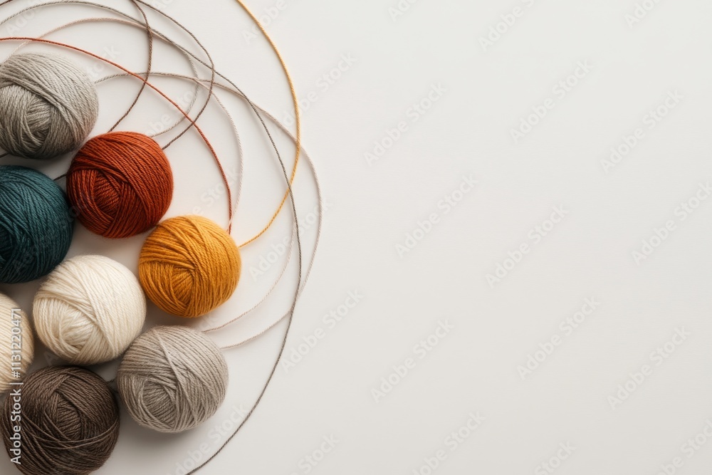 Poster colorful yarn balls arranged in a circular pattern on a light background for crafting enthusiasts an