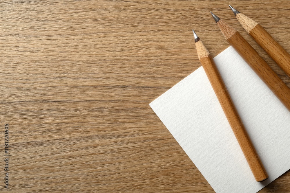 Poster tools for sketching and notes on a wooden surface along with blank paper
