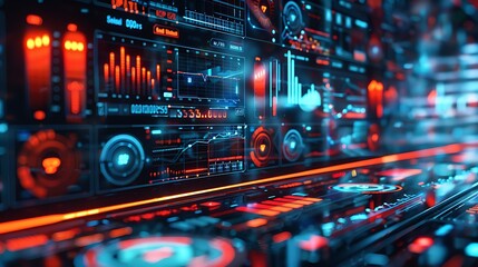 Fototapeta premium Big Data Technology for Business Finance Analytic Concept. Modern graphic interface shows massive information of business sale report, profit chart and stock market trends analysis on screen monitor.