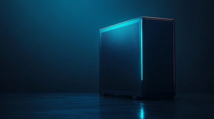 Sleek black computer tower with neon blue and orange accents on dark background.