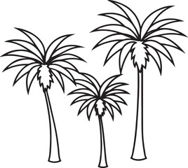 Tropical summer beach landscape featuring palm tree silhouettes against a sunset ocean background with coconut leaves and exotic island paradise elements in a flat vector illustration design