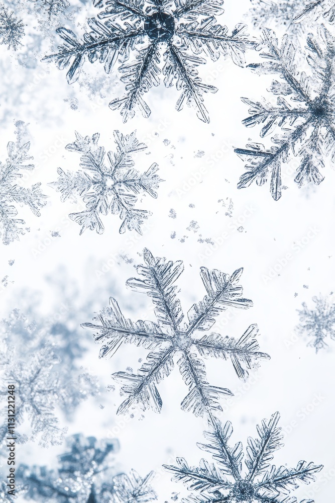 Poster winter snowflakes falling on top section of the image, empty space for text on the bottom