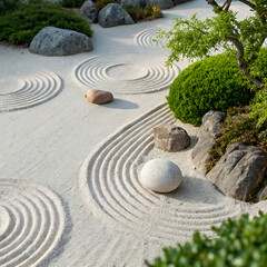 Obraz premium Zen garden with raked sand and stones creating peaceful patterns.