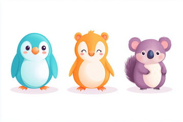 Obraz premium Cheerful animal icons featuring a cute penguin, a playful squirrel, and an adorable koala in bright colors
