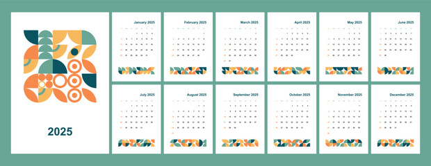 A colorful and minimalistic 2025 calendar with abstract geometric patterns. The calendar features bold, modern shapes in orange, teal, and yellow tones, accompanied by a clean layout for each month.