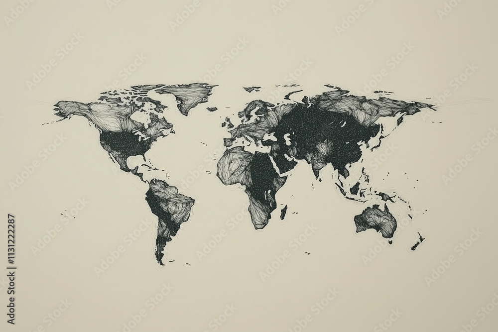 Poster minimalist monochrome world map highlighting geographical features in a unique artistic style