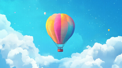 Fototapeta premium colorful hot air balloon floats gracefully in bright blue sky filled with fluffy clouds and smaller balloons, creating whimsical and joyful atmosphere