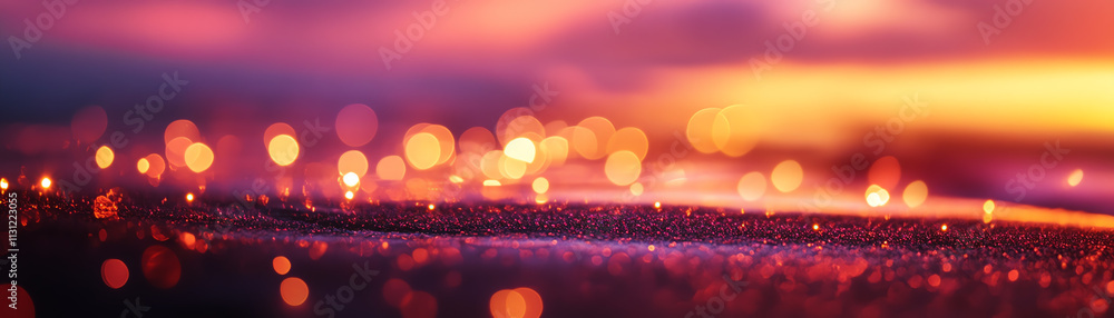 Poster a vibrant sunset with bokeh lights creating a stunning visual experience.