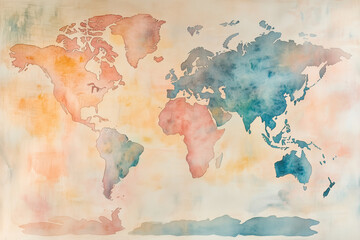 Obraz premium Colorful watercolor illustration of a world map showcasing continents and oceans in soft hues