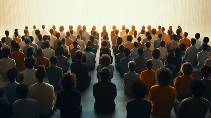 Diverse crowd seated, facing bright light.