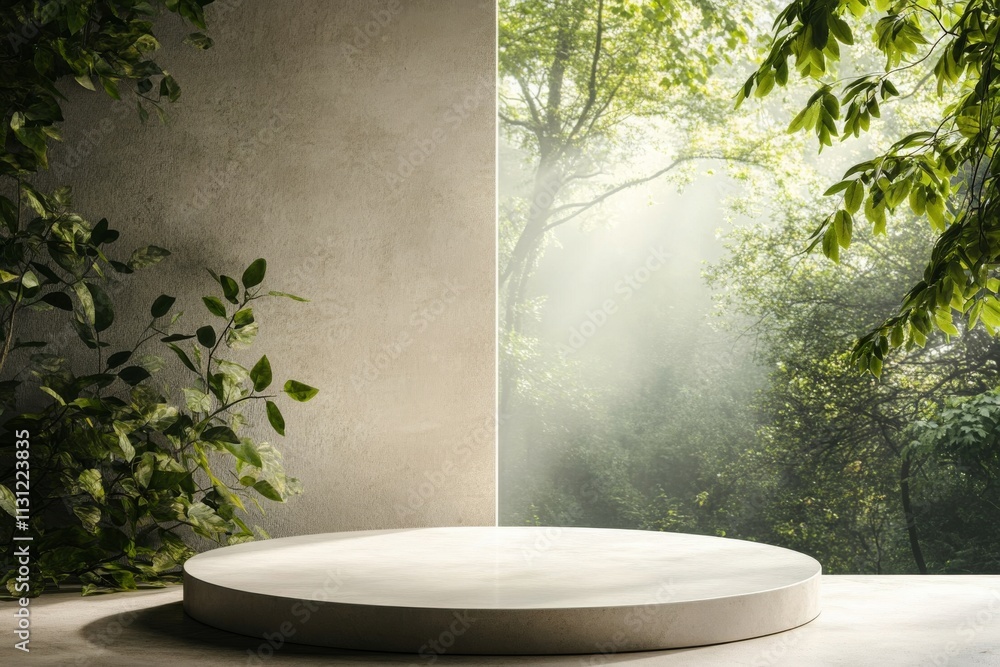 Poster natural light streaming through a forest on a circular platform surrounded by greenery