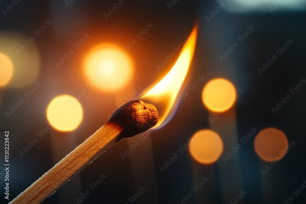 Poster close-up of striking match igniting against soft glowing lights in the background during evening hou