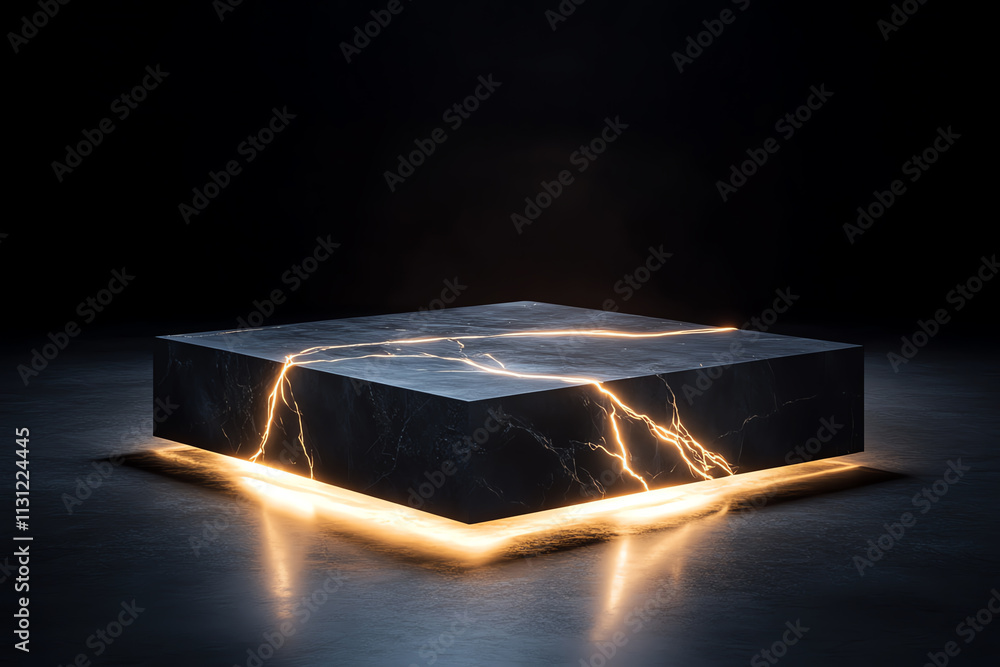 Poster a futuristic black block with glowing lightning patterns on a dark background.