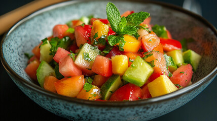 vibrant bowl of colorful fruit salad featuring watermelon, mango, cucumber, and mint leaves, perfect for refreshing snack or dessert