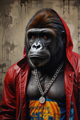 pop digital art piece - an anthropomorphic gorilla radiating charisma and confidence, casually leaning against a sandy city wall