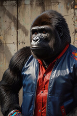 pop digital art piece - an anthropomorphic gorilla radiating charisma and confidence, casually leaning against a sandy city wall