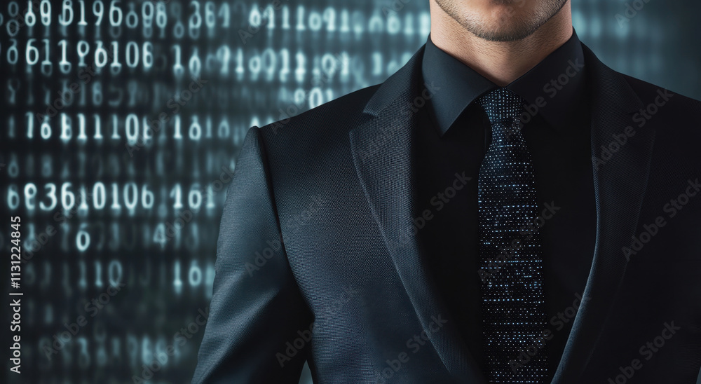 Poster a businessman in a sleek black suit stands upright against a backdrop of cascading binary code, symb