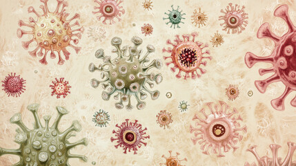 Vibrant illustration features diverse types of bacteria and microorganisms set against a neutral background, showcasing their unique shapes and colors in a scientific context.